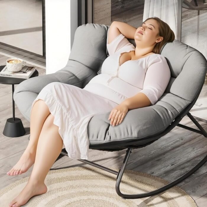 Oversized Rocking Chair Outdoor/Indoor - 450lbs Weight Capacity, Wicker Rattan Egg Lounge Chair with Cushion, All-Weather Patio Rocker for Porch, Garden, Balcony, Gray-Gray