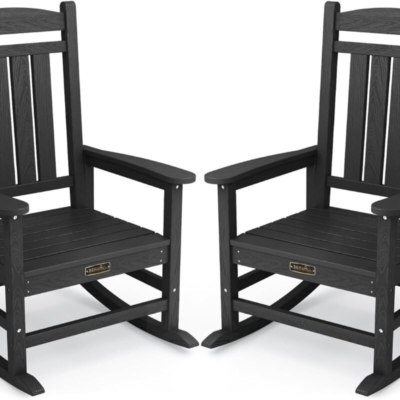 SERWALL Outdoor Rocking Chair Set of 2, HDPE Patio Rocking Chair All-Weather Porch Rocker for Balcony, Yard, Black