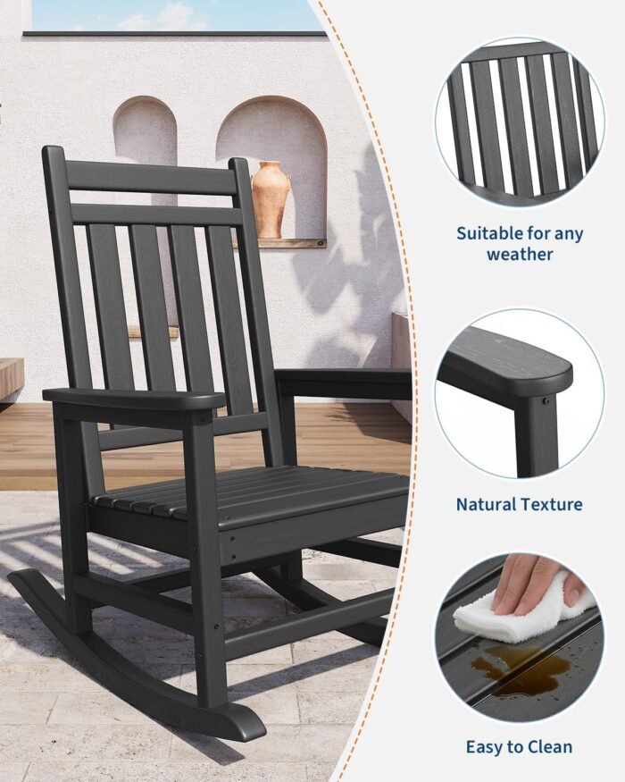 Poly Lumber Rocking Chair Outdoor Set of 2 with Side Table - HDPE High Back Porch Rocker Chairs for Adults - All Weather Resistant Furniture for Patio - Black - Image 3
