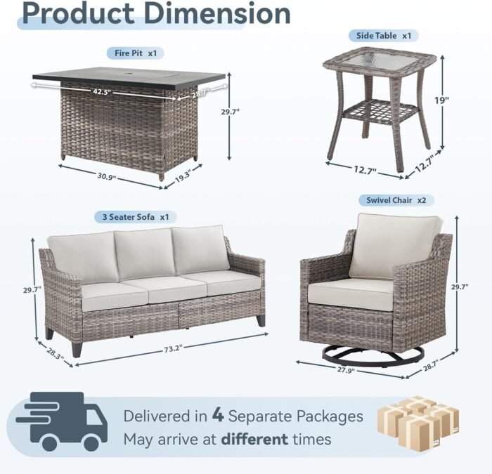 Patio Furniture Set with 42.5" Fire Pit Table-5 Pieces All Weather Wicker Outdoor Furniture with High Back Swivel Patio Chairs Set of 2 Outdoor Couch for Deck Balcony Backyard Beige/Gray - Image 8