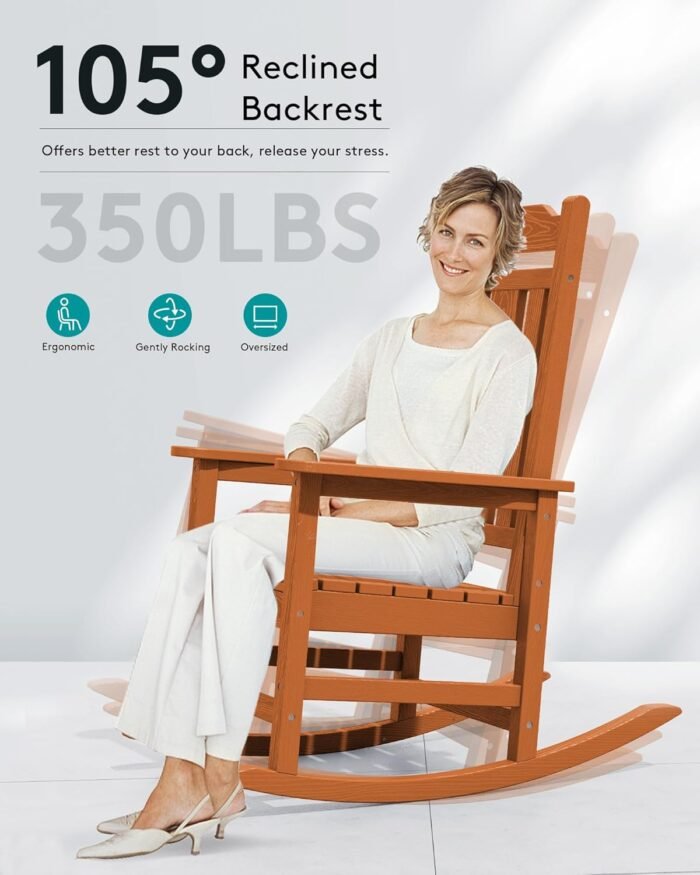 SERWALL HDPE Rocking Chair Set of 2, All Weather Patio Rocking Chair, HDPE Poly Rocking Chair for Adults, Heavy Duty Front Porch Rocker, Orange - Image 4
