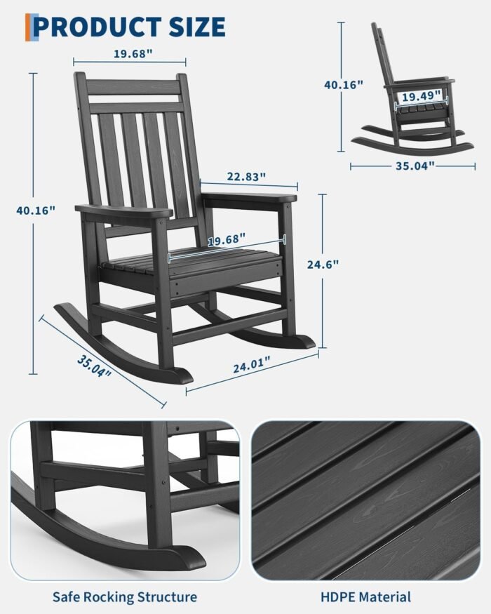 Poly Lumber Rocking Chair Outdoor Set of 2 with Side Table - HDPE High Back Porch Rocker Chairs for Adults - All Weather Resistant Furniture for Patio - Black - Image 2