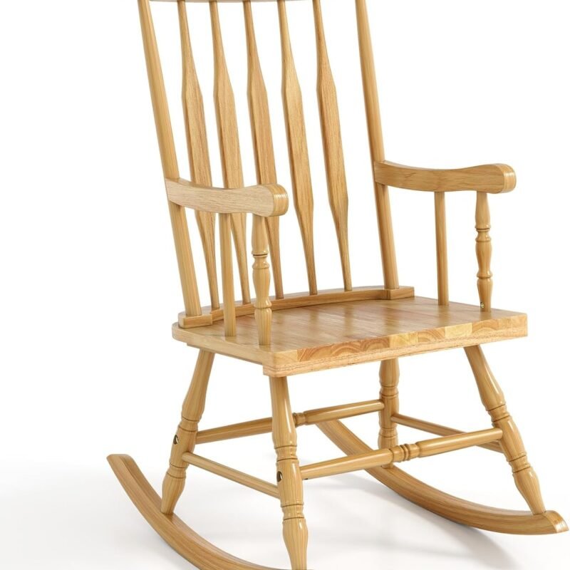 Tangkula Patio Rocking Chair Solid Wood, Outdoor Porch Rocker Chair with Rubber Wood Frame, Indoor Wooden Rocking Chair, Ideal for Garden, Backyard & Balcony (1, Natural)