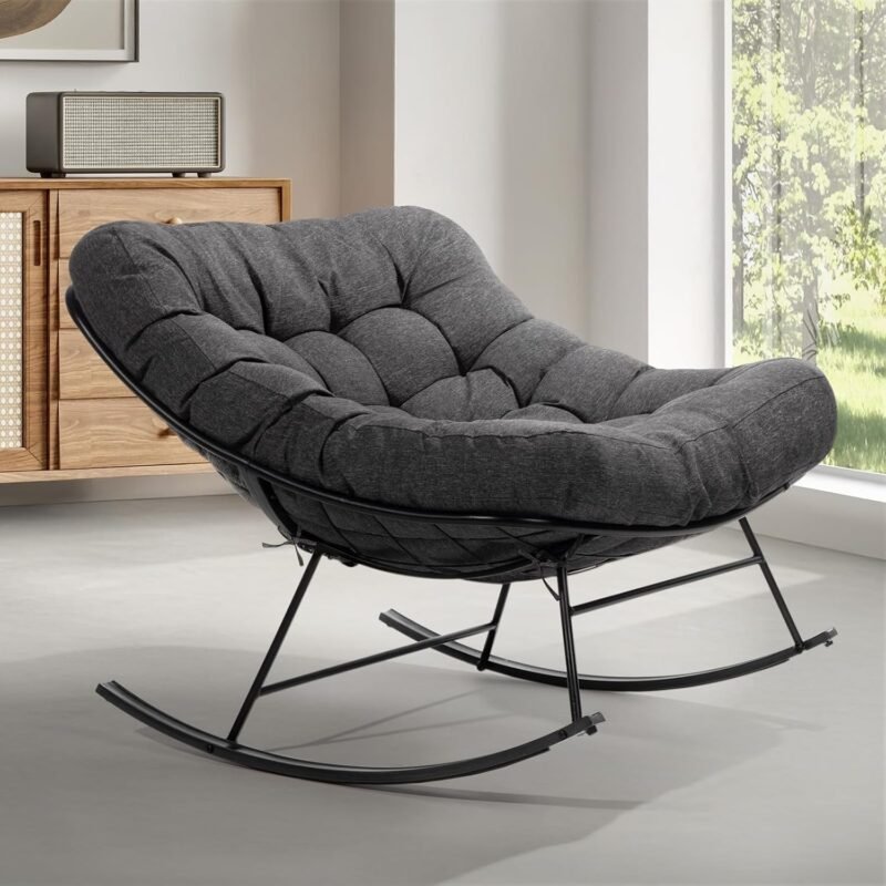 Bme Patio Rocking Chair Outdoor and Indoor, Modern Metal Lounge Rocker with Thick 7'' Cushion, 400lbs Capacity, Ergonomic Design, Easy Assembly, Grey Cushion - Black Matte Rocker
