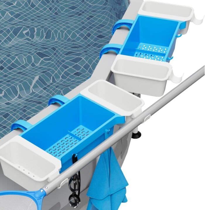 2025 2 Sets Poolside Storage Basket with 2 Cup Holder & Pole Hanger,Hold 12KG+,Toy Holder Storage for Towels Drinks Pool Accessories Bar for Most Frame Above Ground Swimming Pools