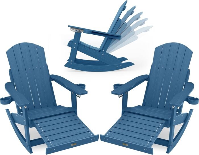 YEFU Outdoor Rocking Chairs Set of 2 Oversize Adirondack Rocking Chairs with Retractable Ottoman & 5-Level Adjustable High Back - Outdoor Rocker with 2 Cup Holders for Porch/Patio/Lawn/Navy