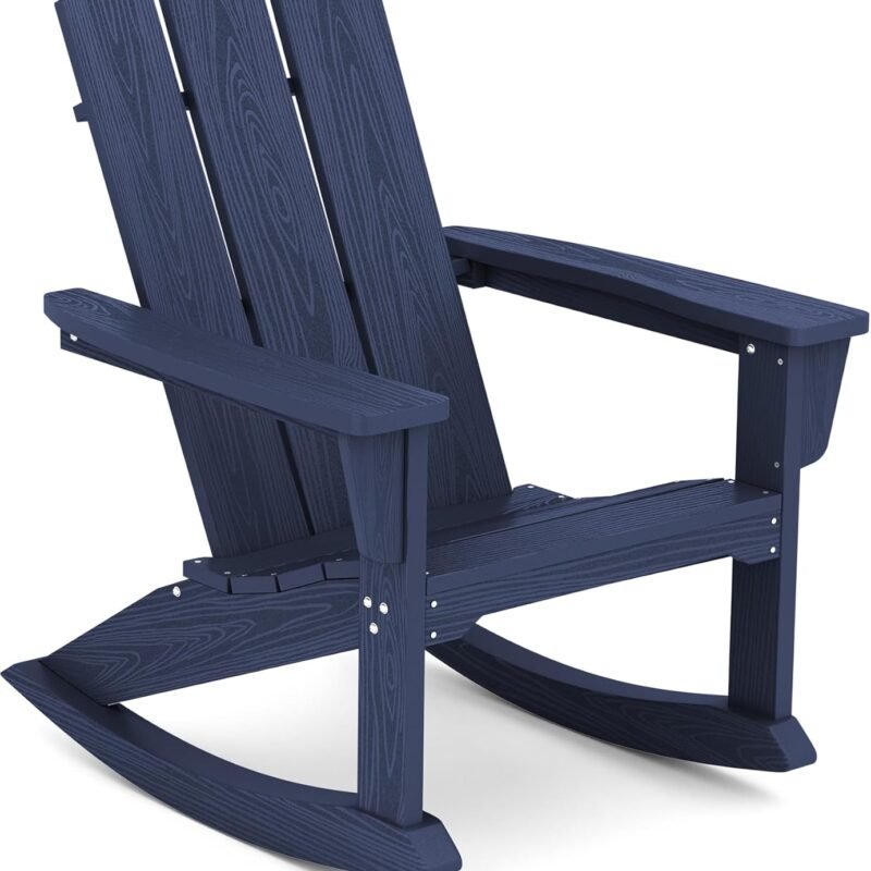 SERWALL HDPE Rocking Adirondack Chair, All Weather Modern Outdoor Rocking Chair for Patio, Porch, Garden, Blue