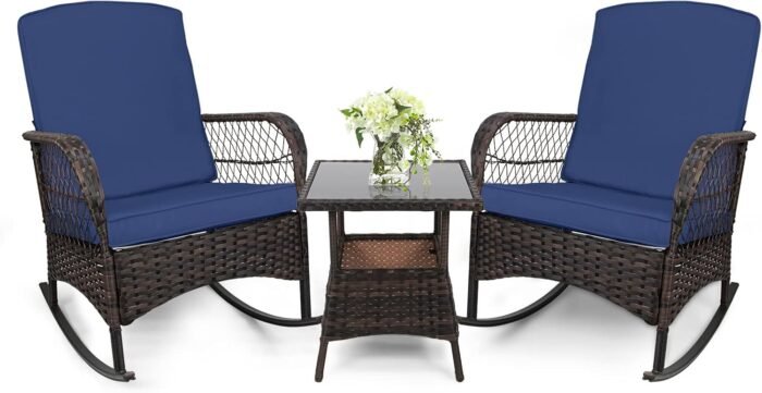 LEVELEVE 3 pcs Rocking Bistro Set Conversation Chairs with Arm Rest, Cushion Availability PE Wicker Outdoor Rocking Chairs for Relaxing(Dark Blue)