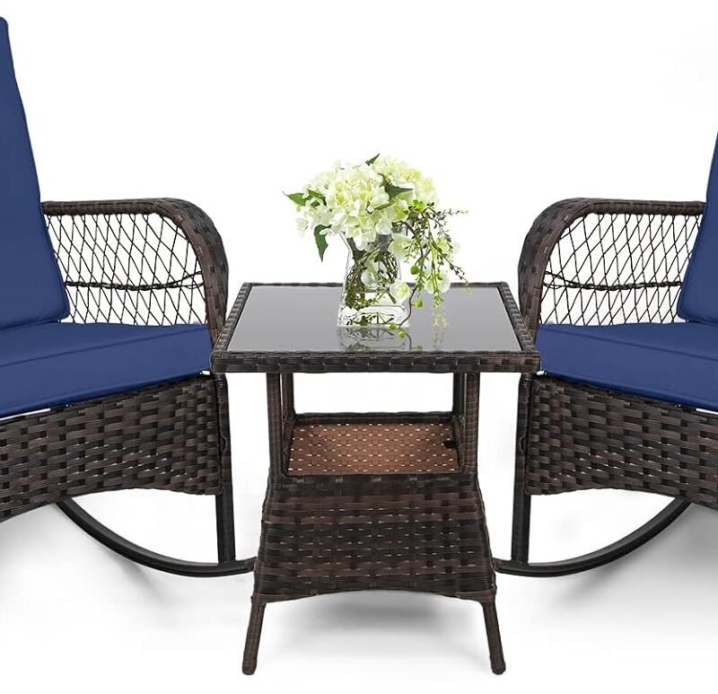 LEVELEVE 3 pcs Rocking Bistro Set Conversation Chairs with Arm Rest, Cushion Availability PE Wicker Outdoor Rocking Chairs for Relaxing(Dark Blue)