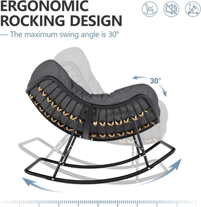 SWITTE Papasan Rocking Chair Outdoor Indoor, Oversized Egg Wicker Rocker with Cushion, Supports 450 lbs, Patio Chair for Balcony or Living Room - Gray - Image 3