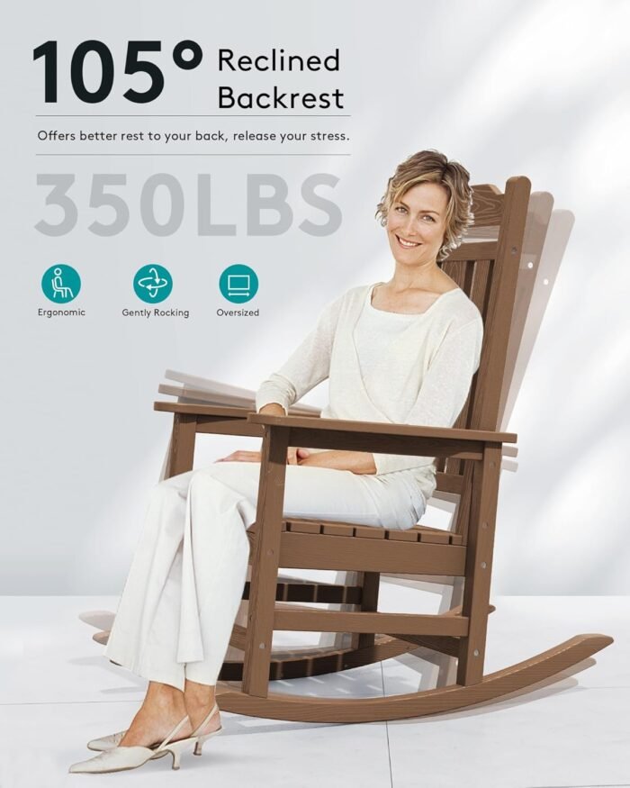 SERWALL Oversized Rocking Chair Set of 2 Outdoor, HDPE Outdoor Rocking Chair Set of 2, Brown - Image 7