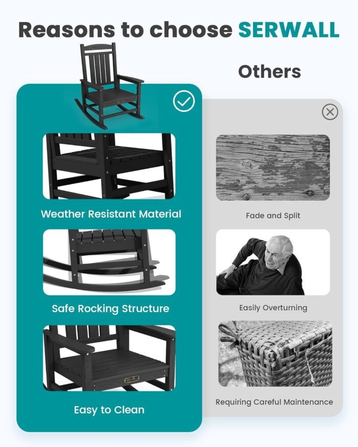 SERWALL Outdoor Rocking Chair Set of 2, HDPE Patio Rocking Chair All-Weather Porch Rocker for Balcony, Yard, Black - Image 6