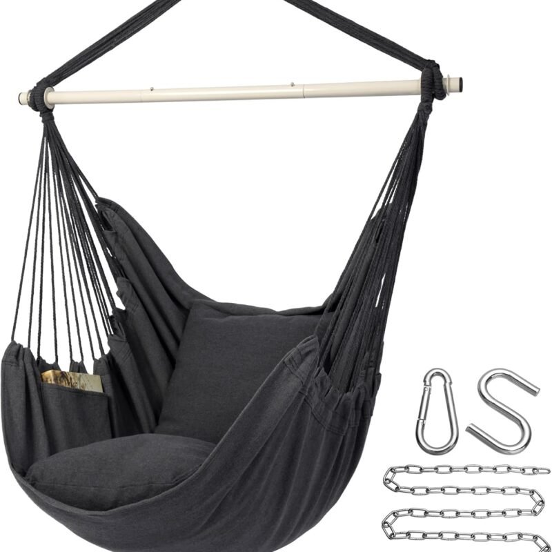 Y- Stop Hammock Chair Hanging Rope Swing Chair, Max 500 Lbs, 2 Seat Cushions Included, Removable Steel Spreader Bar with Anti-Slip Rings, Hardware kit-for Indoor or Outdoor(Dark Grey)