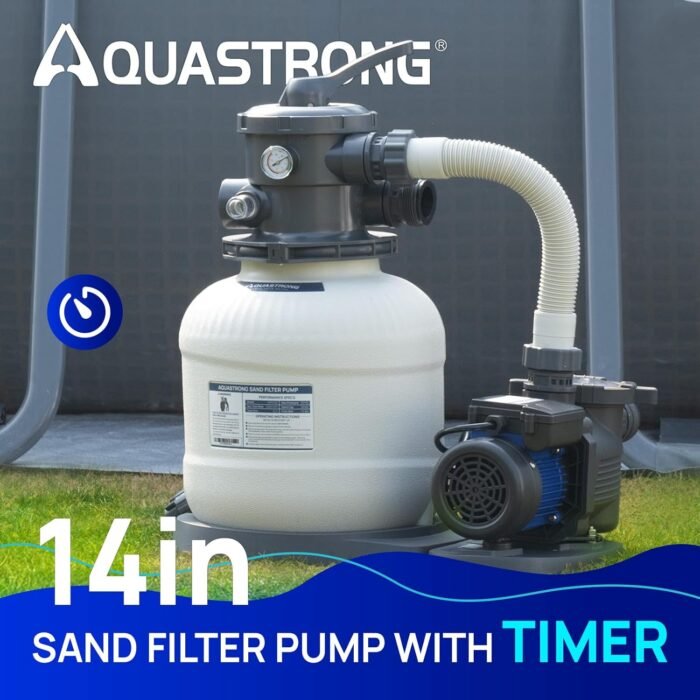 AQUASTRONG 14in Sand Filter Pump for Above Ground Pool with Timer, 2/3 HP Pool Pumps Above Ground 3000 GPH for Pools up to 13000 GAL, Pool Filter with 6-Way Valve, Improved Circulation and Filtration - Image 2