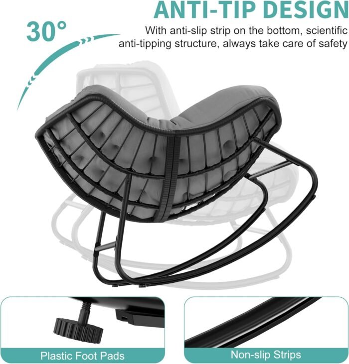 Oversized Rocking Chair Outdoor/Indoor - 450lbs Weight Capacity, Wicker Rattan Egg Lounge Chair with Cushion, All-Weather Patio Rocker for Porch, Garden, Balcony, Gray-Gray - Image 5