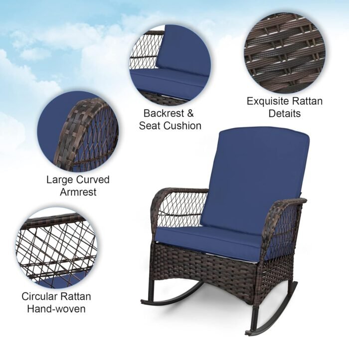 LEVELEVE 3 pcs Rocking Bistro Set Conversation Chairs with Arm Rest, Cushion Availability PE Wicker Outdoor Rocking Chairs for Relaxing(Dark Blue) - Image 4