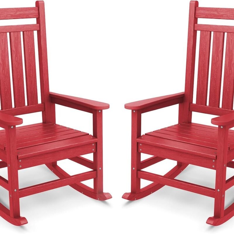 SERWALL Outdoor Rocking Chair Set of 2, HDPE Rocking Chairs for Adult, All Weather Porch Rockers for Lawn Garden, Red
