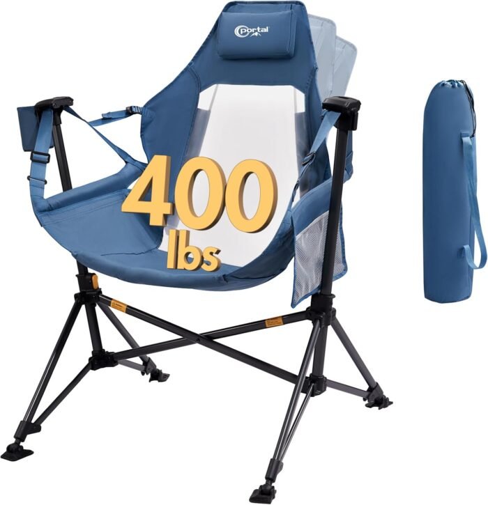 PORTAL Hammock Camping Chair, Portable Outdoor Swinging Chairs, Rocking Chair for Adults with Adjustable Back and Height for Lawn, Backyard, Patio, Supports 400 lbs, Breathable Mesh High Back, Blue