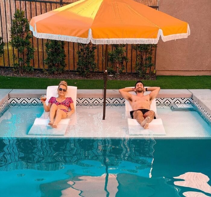 Aqua Outdoors in-Pool Chaise Set - Two Chaises - Two Headrest Pillows and One in Pool Side Table - for ledges up to 9" inches (Classic White-Navy) - Image 2