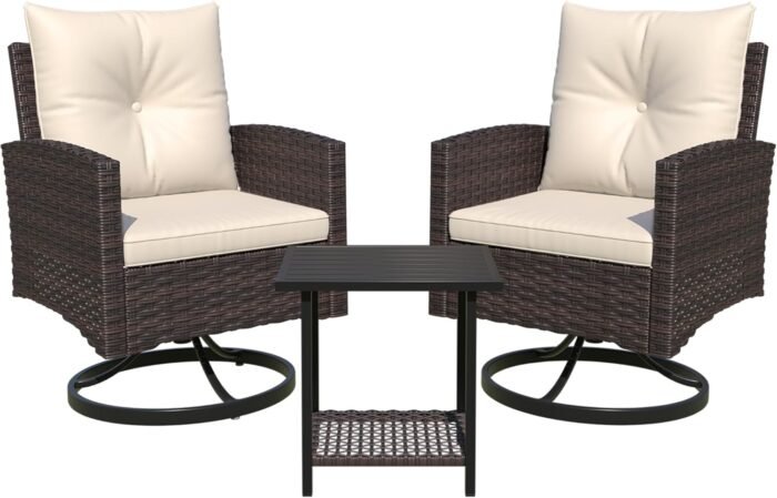 3-Piece Patio Furniture Set, Outdoor Swivel Rocker Patio Chairs Furniture Set of 2 with Matching Side Table & Washable Cushions for Porch, Balcony, Deck, Garden, Backyard - Beige