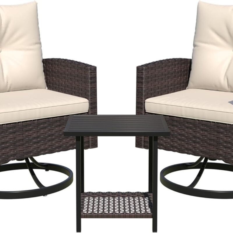 3-Piece Patio Furniture Set, Outdoor Swivel Rocker Patio Chairs Furniture Set of 2 with Matching Side Table & Washable Cushions for Porch, Balcony, Deck, Garden, Backyard - Beige