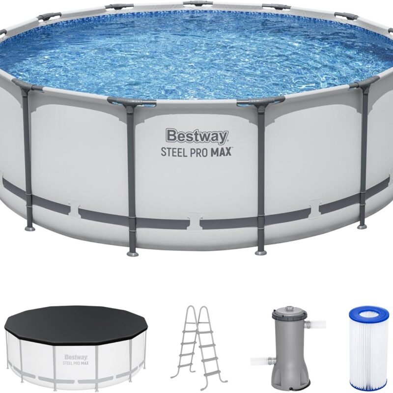 Bestway Steel Pro MAX 13 Foot x 48 Inch Round Metal Frame Above Ground Outdoor Swimming Pool Set with 1,000 Filter Pump, Ladder, and Cover