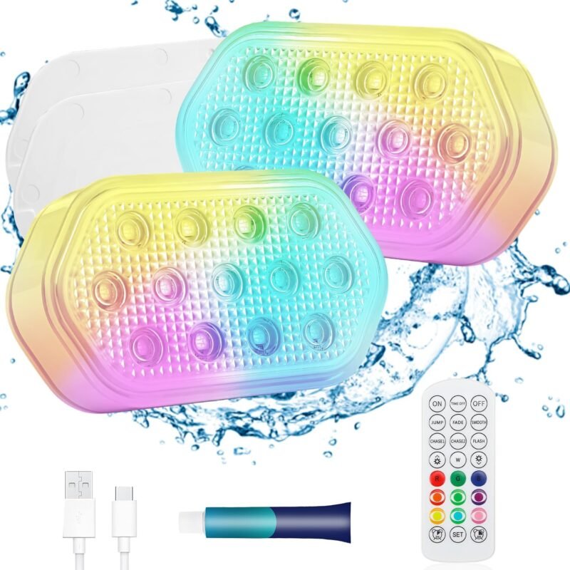 Rechargeable Submersible LED Lights, Pool Lights for Above Ground Inground Pool, 16 Colors Magnetic IP68 Waterproof Underwater Lights, Chase Mode Floating Light with Rechargeable Remote 2 Pack