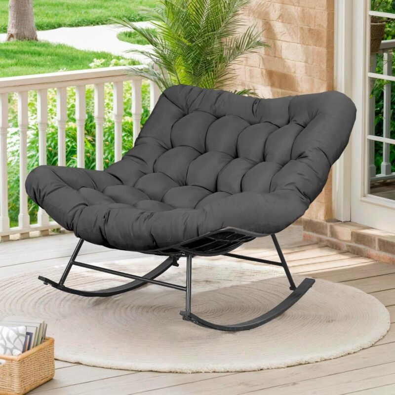 Cushioned Papasan Rocking Chair for Outdoor Indoor, Oversized Outdoor Rocking Chair with Cushion, Egg Rocker for Patio, Porch, Balcony, Lawn, Bedroom, Living Room, Gray