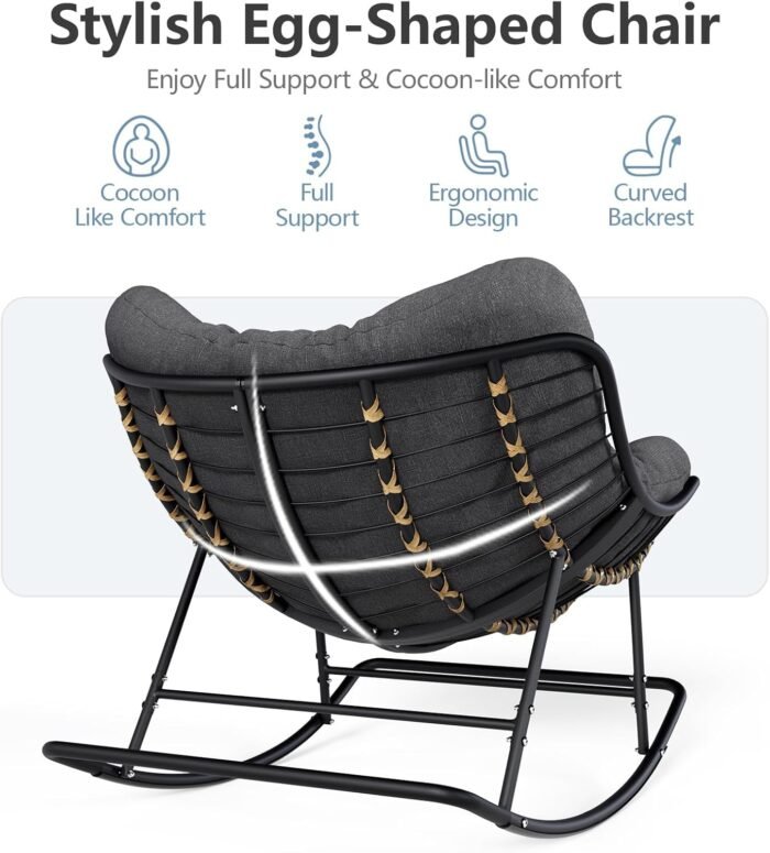 SWITTE Papasan Rocking Chair Outdoor Indoor, Oversized Egg Wicker Rocker with Cushion, Supports 450 lbs, Patio Chair for Balcony or Living Room - Gray - Image 7