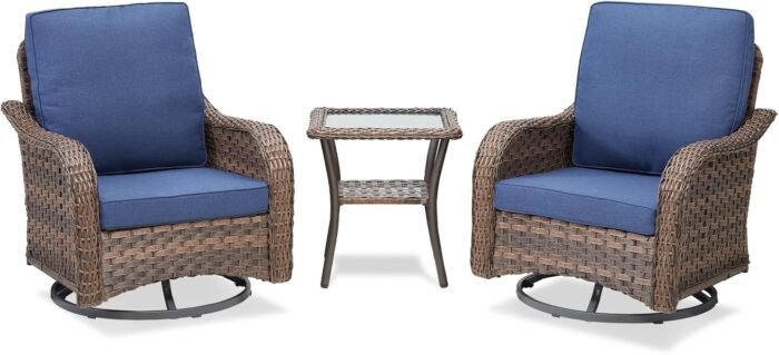 Patio Wicker Chairs Swivel Rocker Outdoor Rocking Chairs Set of 3 Rattan Furniture Set with Thick Cushion, Side Tables for Balcony Deck Backyard, Blue - Image 9