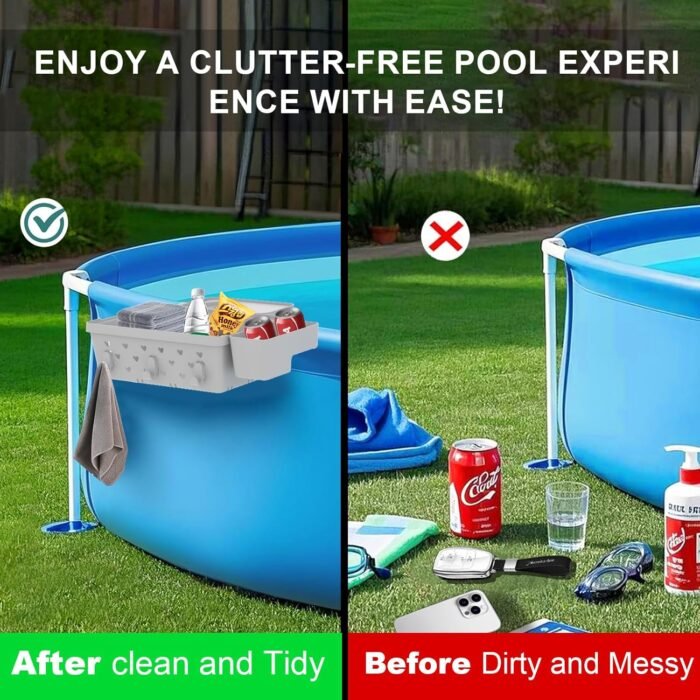 2 Sets Poolside Storage Basket for Above Ground Pool Accessories, Universal Fit Pool Storage with Cup Holders Large Capacity, Durable Pool Organizers for Towels Grey - Image 6
