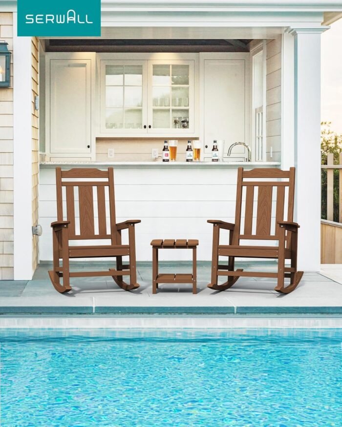 SERWALL Oversized Rocking Chair Set of 2 Outdoor, HDPE Outdoor Rocking Chair Set of 2, Brown - Image 2