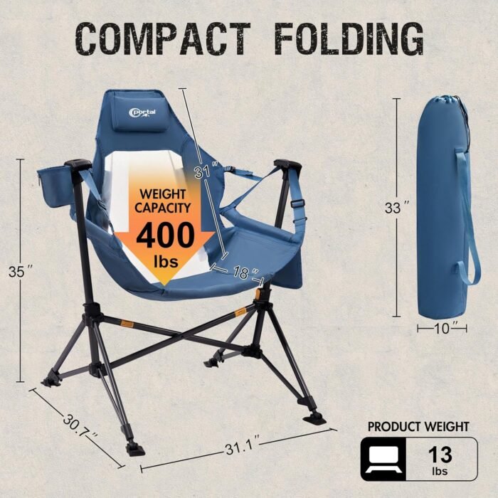 PORTAL Hammock Camping Chair, Portable Outdoor Swinging Chairs, Rocking Chair for Adults with Adjustable Back and Height for Lawn, Backyard, Patio, Supports 400 lbs, Breathable Mesh High Back, Blue - Image 3