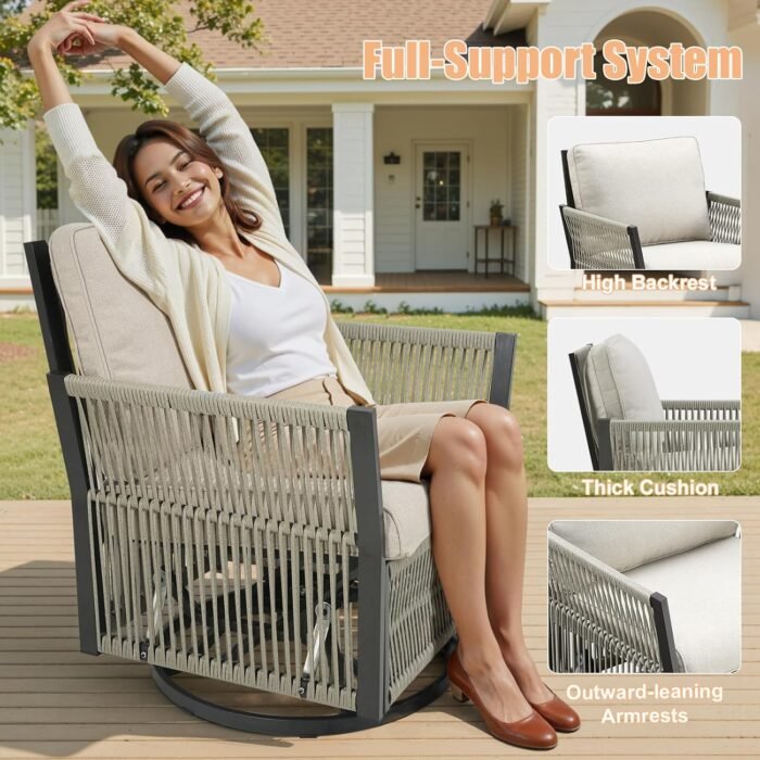 Wicker Swivel Rocker Patio Chairs, Patio Wicker Chairs Swivel Rocker Set of 2 Comfy Glider Rocking Chair Outdoor Conversation Furniture Set for Deck Porch Sunroom Backyard, Beige - Image 6