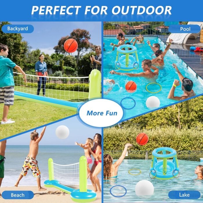 Jasonwell Pool Toys Games Set - 3 in 1 Pool Volleyball Net Basketball Hoop Ring Toss Game Inflatable Floats Water Floating Volleyball Swimming Pools Party Game Accessories Toy Gift Kids Teens Adults - Image 6