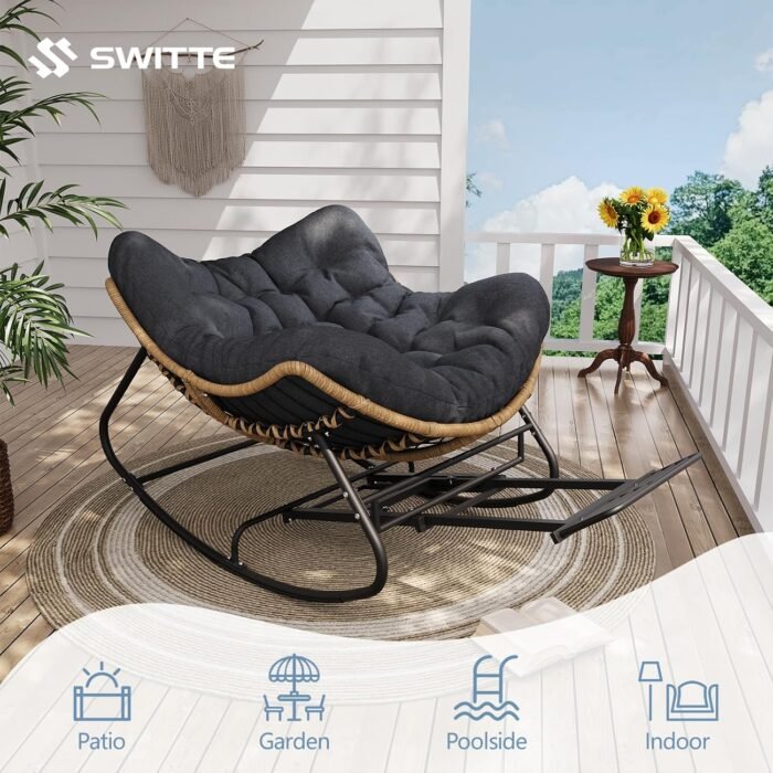 SWITTE Outdoor Papasan Rocking Chair with Adjustable Footrest, Oversized Wicker Zero-Gravity Chair with Cushion, All-Weather Lounge for Patio, Living Room-Dark Grey - Image 7