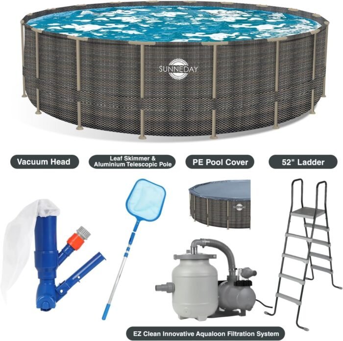 24ftx52in Metal Frame Swimming Pool,Round Above Ground Pool Set with Filter Pump,Pool Ladder,Pool Cover and Maintenance Accessories,Rattan Frame - Image 5