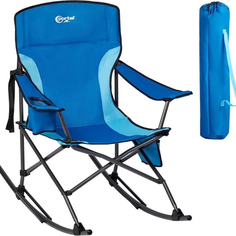 PORTAL Folding Camping Rocking Chair Portable Outdoor Rocker High Back Cup Holder Side Pocket Carry Bag Included, Support 300 lbs