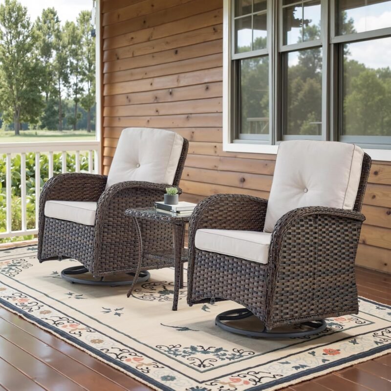 Patio Wicker Chairs Swivel Rocker - Outdoor Swivel Rocking Chairs Set of 2 with Rattan Side Table, Patio Swivel Glider Chair 3 Piece Patio Furniture Sets for Deck Porch Pool Brown/Beige