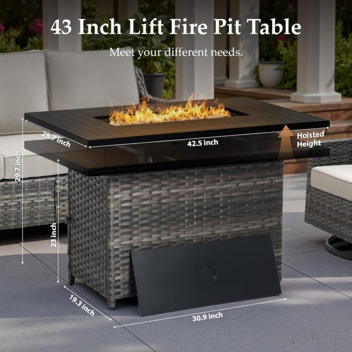 Patio Furniture Set with 42.5" Fire Pit Table-5 Pieces All Weather Wicker Outdoor Furniture with High Back Swivel Patio Chairs Set of 2 Outdoor Couch for Deck Balcony Backyard Beige/Gray - Image 2