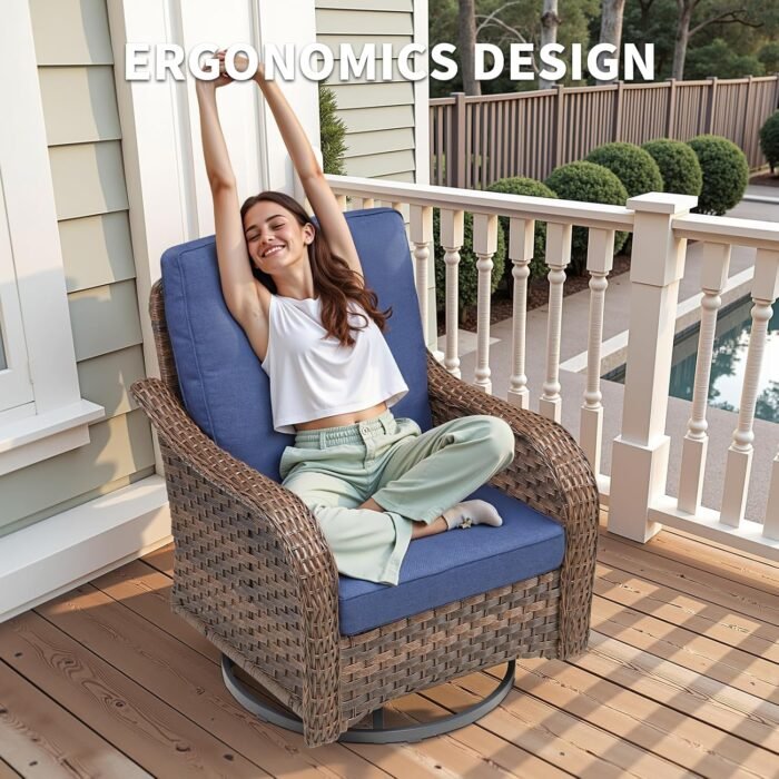 Patio Wicker Chairs Swivel Rocker Outdoor Rocking Chairs Set of 3 Rattan Furniture Set with Thick Cushion, Side Tables for Balcony Deck Backyard, Blue - Image 2