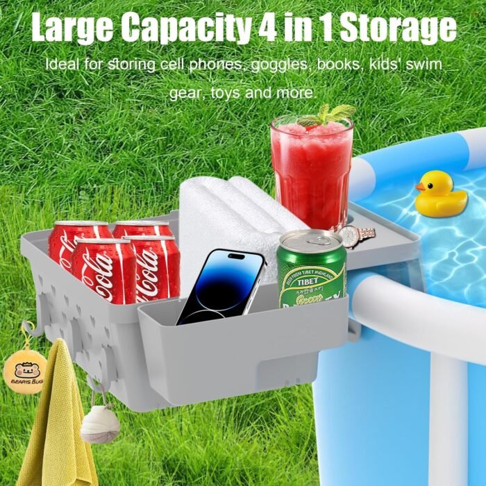 2 Sets Poolside Storage Basket for Above Ground Pool Accessories, Universal Fit Pool Storage with Cup Holders Large Capacity, Durable Pool Organizers for Towels Grey - Image 3