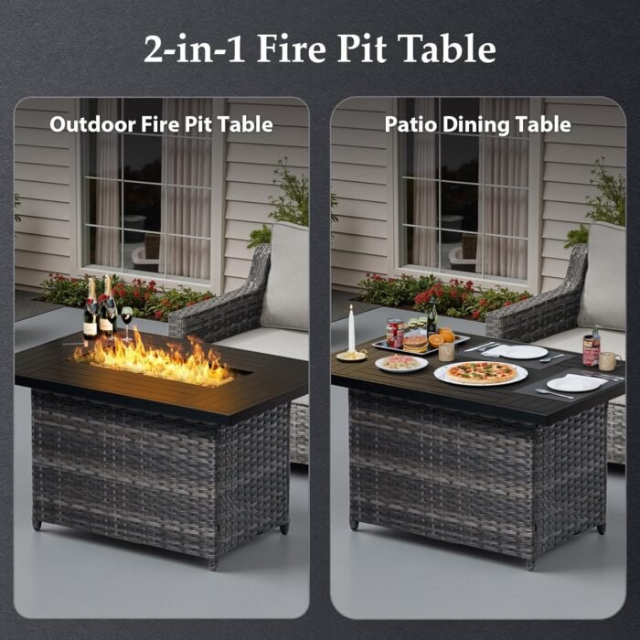 Patio Furniture Set with 42.5" Fire Pit Table-5 Pieces All Weather Wicker Outdoor Furniture with High Back Swivel Patio Chairs Set of 2 Outdoor Couch for Deck Balcony Backyard Beige/Gray - Image 4