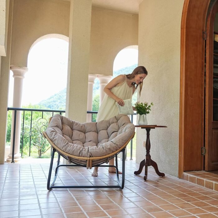 SWITTE Outdoor Rocking Chair, Oversized Patio Papasan Rocker, Comfy Wicker Reading Lounge, Indoor Egg Chair for Bedroom, Living Room, Porch, Garden, Lawn- Beige - Image 9
