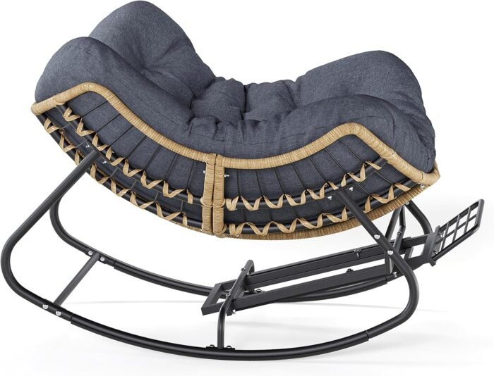 SWITTE Outdoor Papasan Rocking Chair with Adjustable Footrest, Oversized Wicker Zero-Gravity Chair with Cushion, All-Weather Lounge for Patio, Living Room-Dark Grey - Image 8
