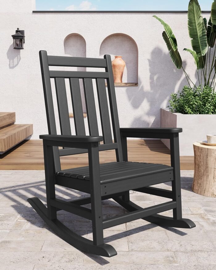 Poly Lumber Rocking Chair Outdoor Set of 2 with Side Table - HDPE High Back Porch Rocker Chairs for Adults - All Weather Resistant Furniture for Patio - Black - Image 7