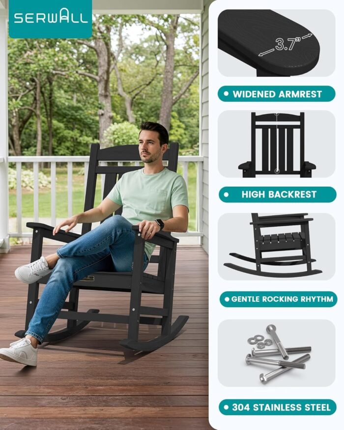 SERWALL Outdoor Rocking Chair Set of 2, HDPE Patio Rocking Chair All-Weather Porch Rocker for Balcony, Yard, Black - Image 5