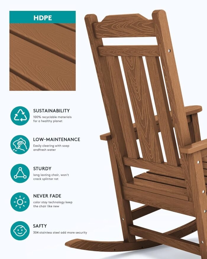 SERWALL Oversized Rocking Chair Set of 2 Outdoor, HDPE Outdoor Rocking Chair Set of 2, Brown - Image 6