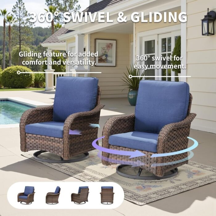 Patio Wicker Chairs Swivel Rocker Outdoor Rocking Chairs Set of 3 Rattan Furniture Set with Thick Cushion, Side Tables for Balcony Deck Backyard, Blue - Image 5