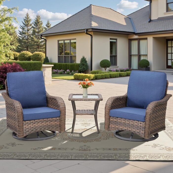 Patio Wicker Chairs Swivel Rocker Outdoor Rocking Chairs Set of 3 Rattan Furniture Set with Thick Cushion, Side Tables for Balcony Deck Backyard, Blue - Image 7